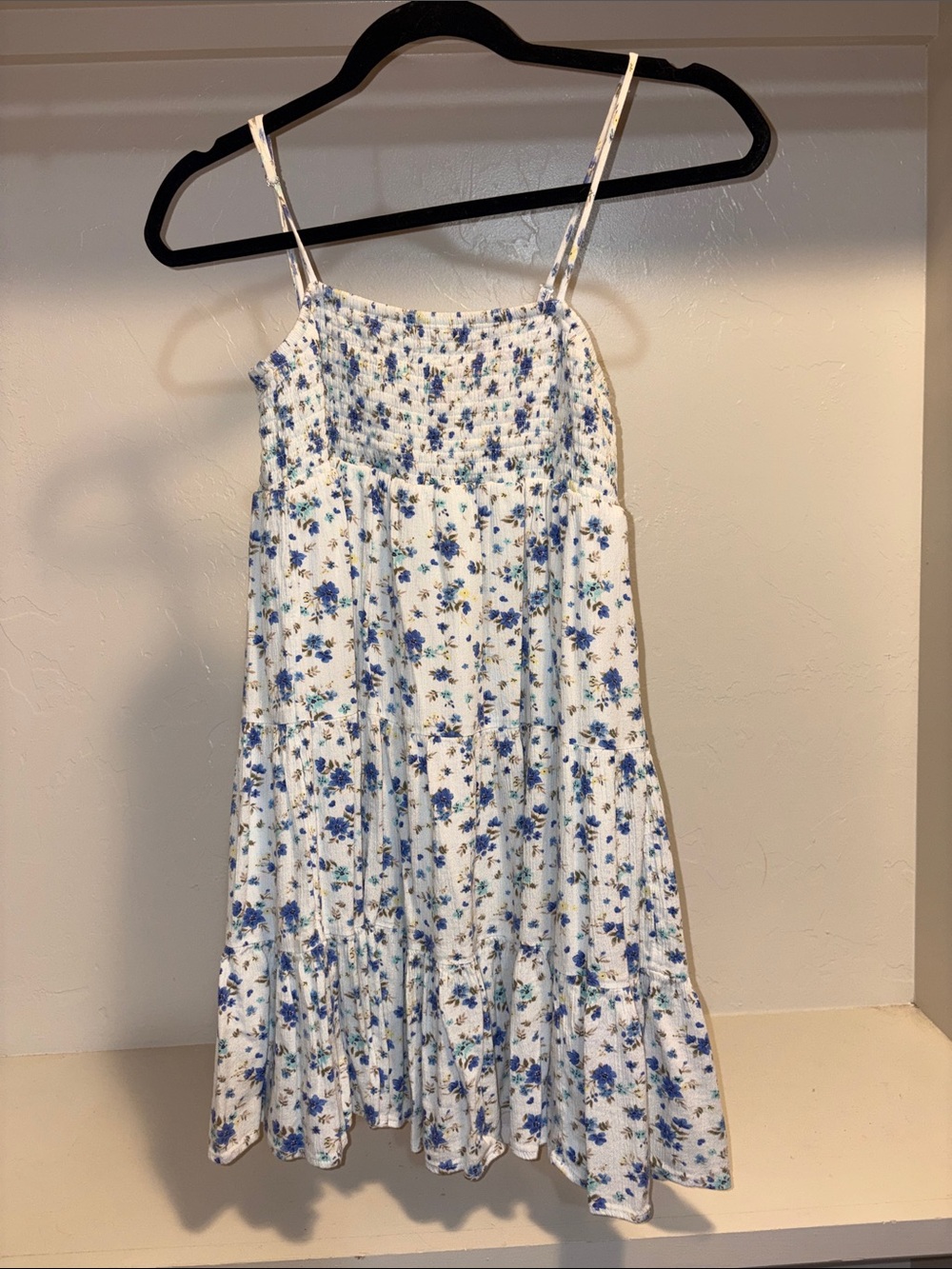 No Boundaries White Floral Smocked Spaghetti Strap Mini Dress